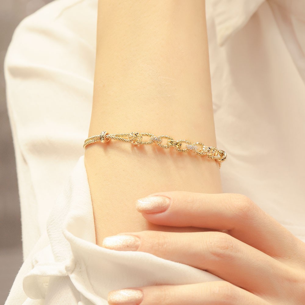 Özel Tasarım Bileklik 14 Ayar Altın Minimal Halkalı Taş Detaylı Ayarlanabilir Bileklik
