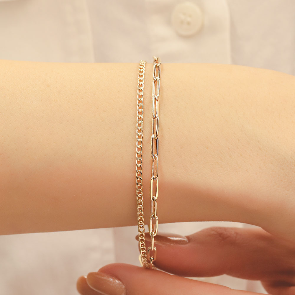 Trend Bileklik 14 Ayar Altın Minimal İkili Zincir Bileklik