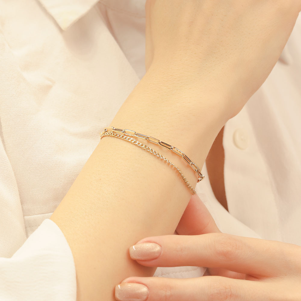 Trend Bileklik 14 Ayar Altın Minimal İkili Zincir Bileklik