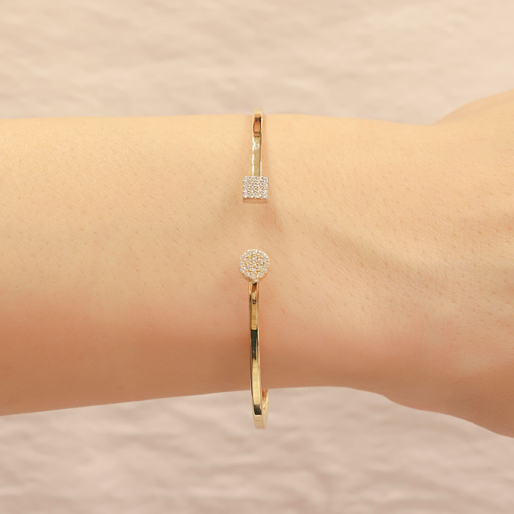 14 Ayar Altın Minimal Kare & Yuvarlak Taşlı Kelepçe Bileklik
