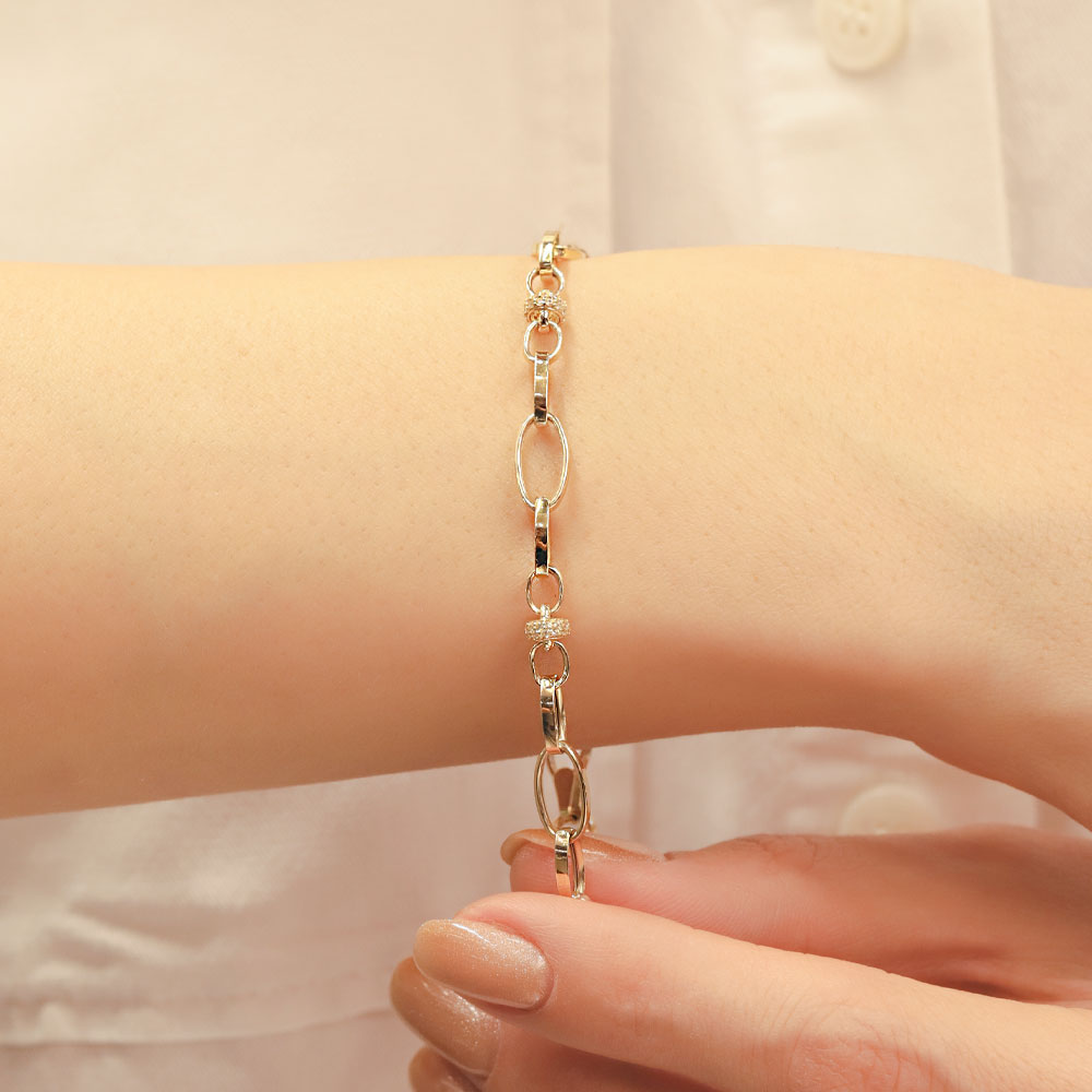 14 Ayar Altın Minimal Oval Halkalı Taş Detaylı Zincir Bileklik