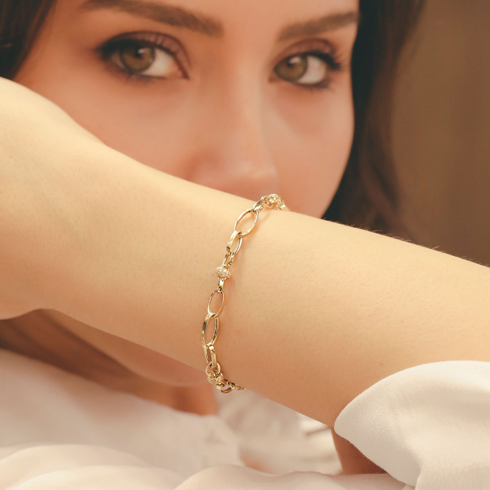 14 Ayar Altın Minimal Oval Halkalı Taş Detaylı Zincir Bileklik