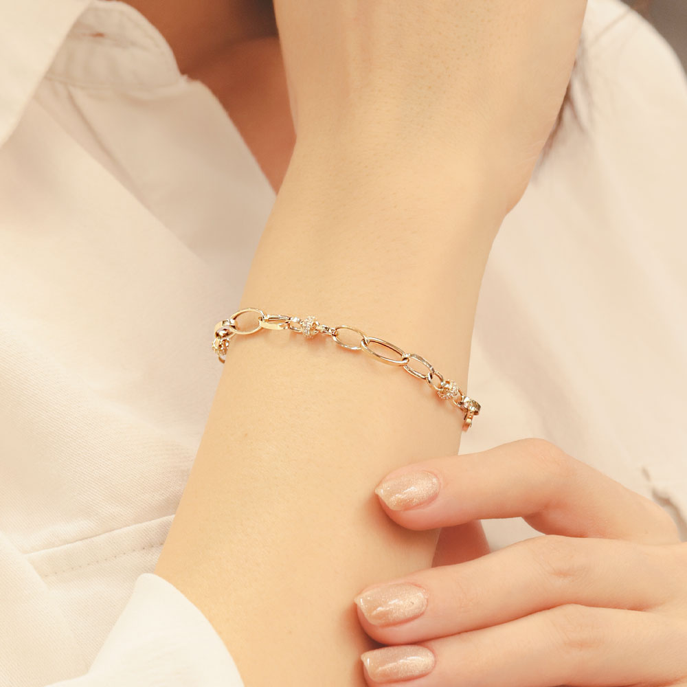 14 Ayar Altın Minimal Oval Halkalı Taş Detaylı Zincir Bileklik