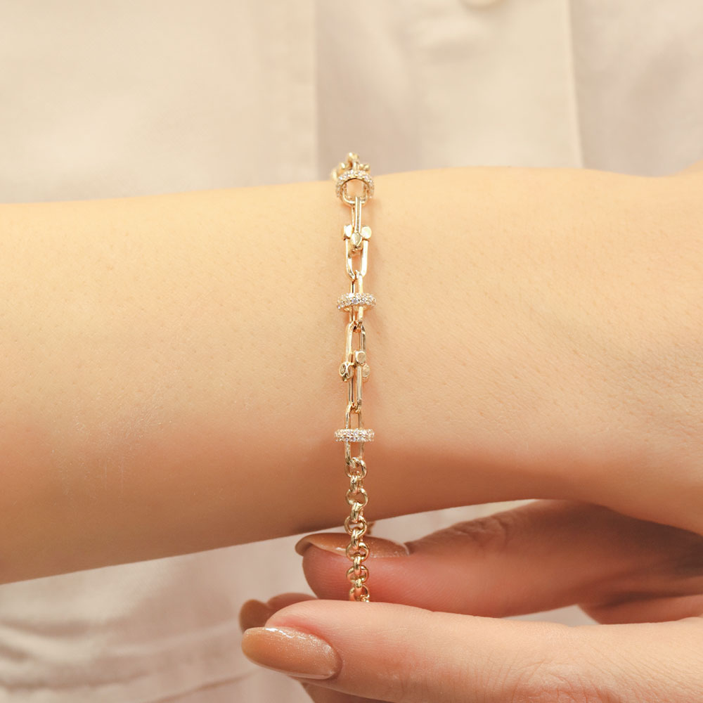 14 Ayar Altın Minimal Taşlı Halka Detaylı Zincir Bileklik