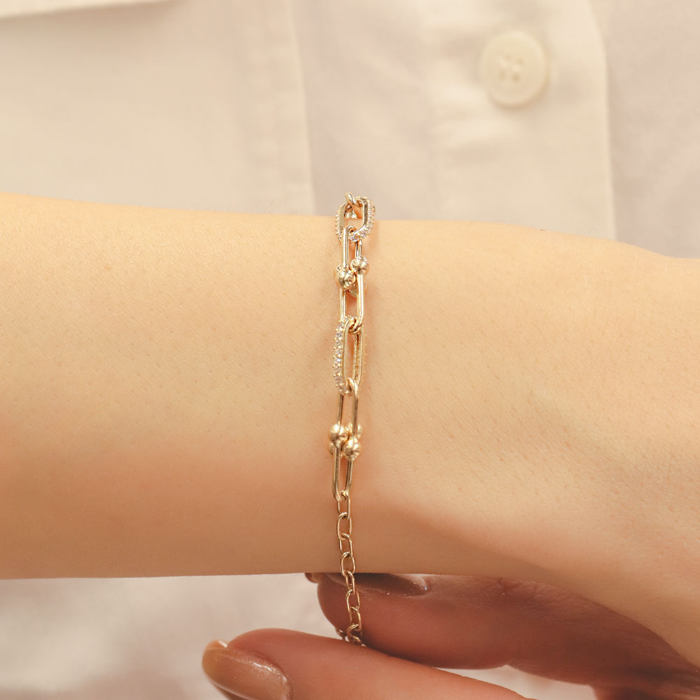 14 Ayar Altın Minimal Top ve Taş Detaylı Zincir Bileklik