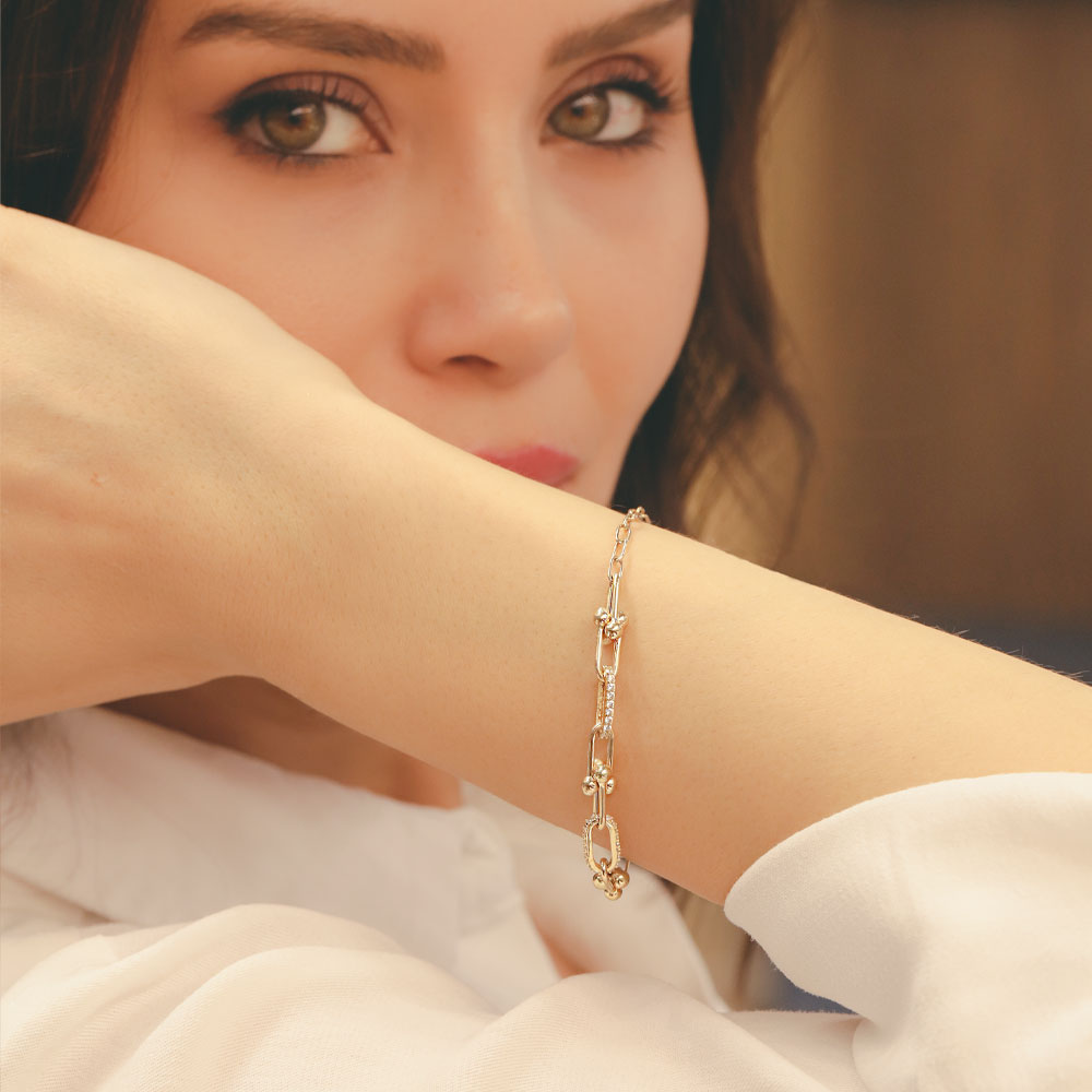 14 Ayar Altın Minimal Top ve Taş Detaylı Zincir Bileklik