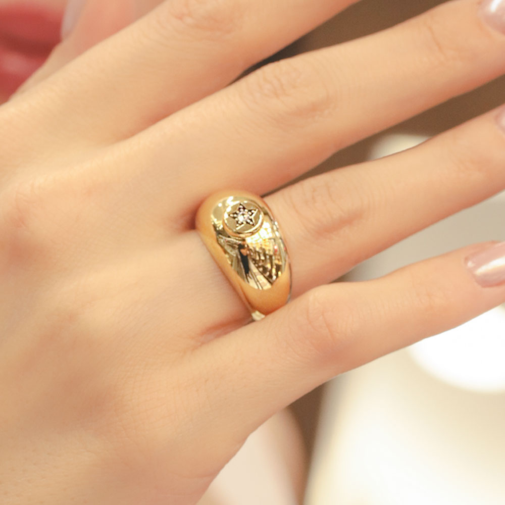 14 Ayar Altın Modern Spor Bombeli Minimal Taşlı Yüzük