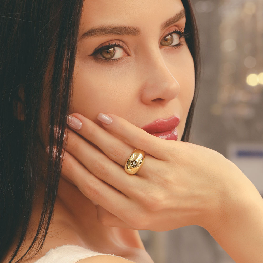 14 Ayar Altın Modern Spor Bombeli Minimal Taşlı Yüzük