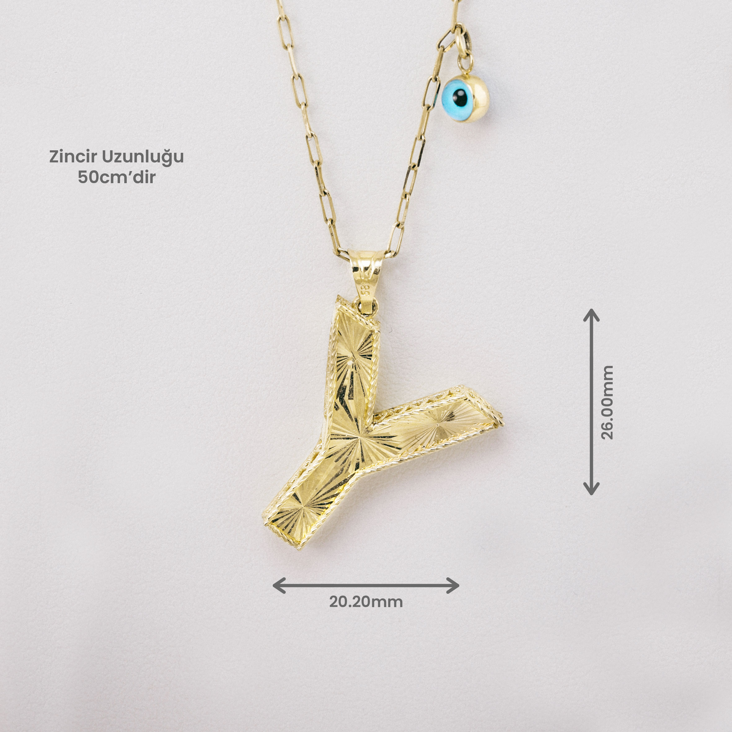 14 Ayar Altın Nazar Boncuklu Y Harf Kolye