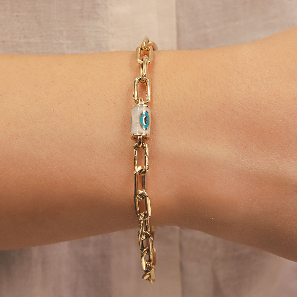 Nazar Boncuklu Bileklik 14 Ayar Altın Nazar Boncuklu Zincir Bileklik