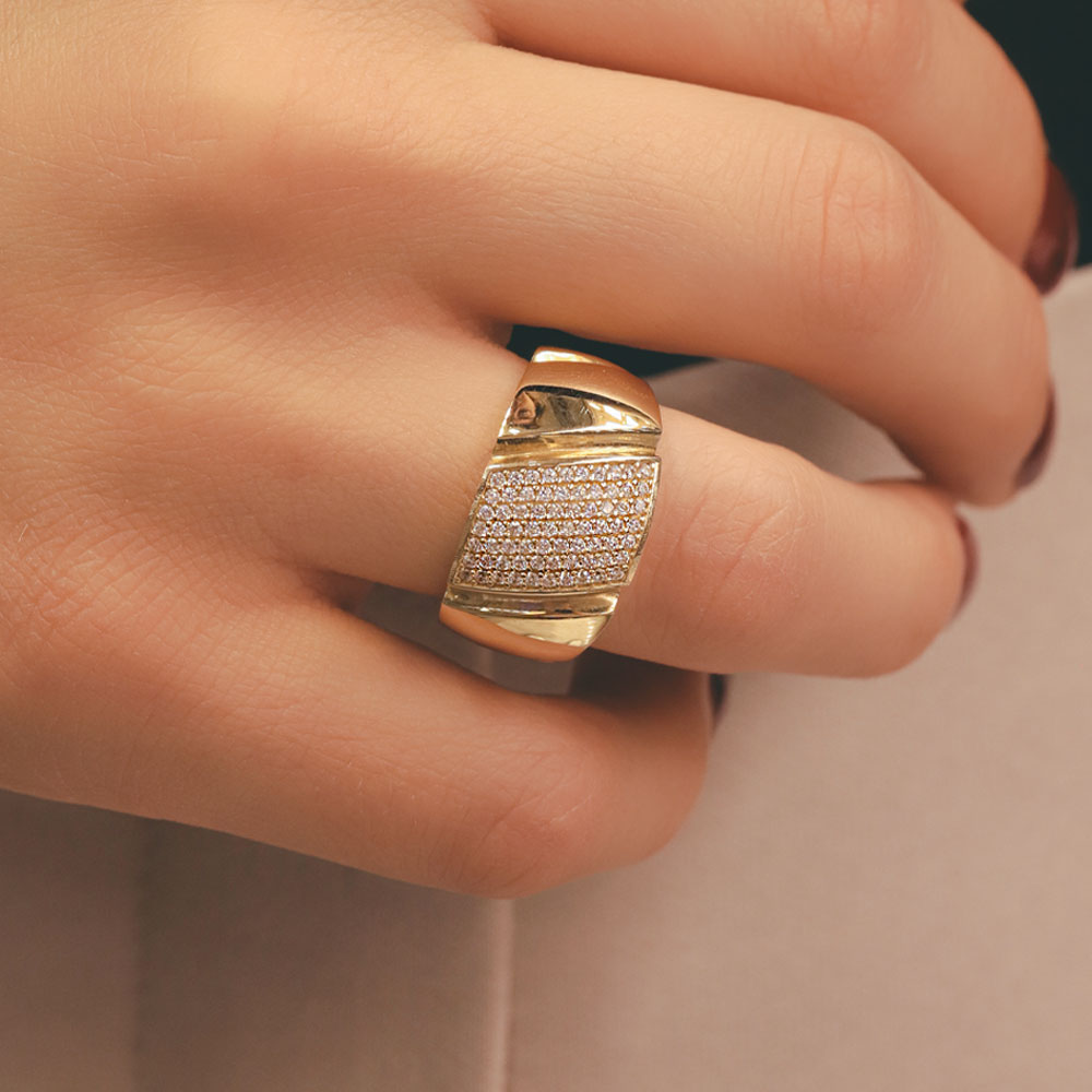 14 Ayar Altın Parlak Şerit Detaylı Yüzük