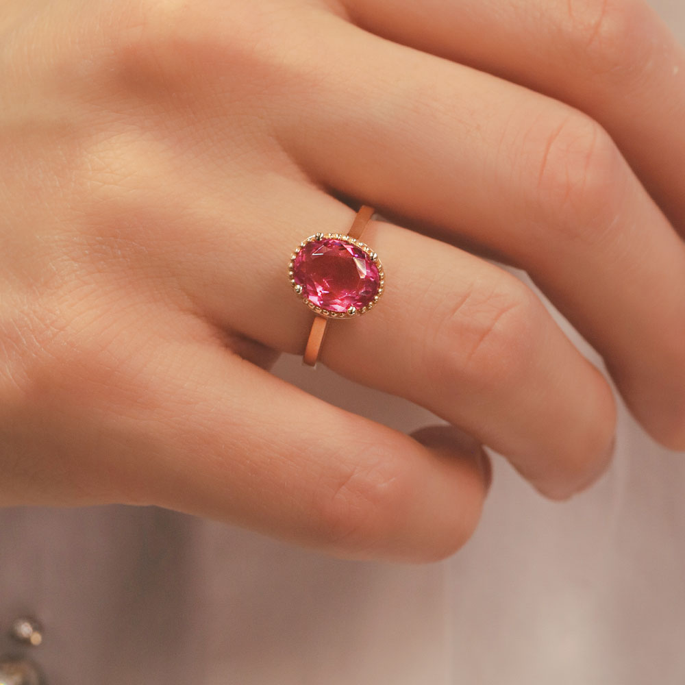 Renkli Taşlı Yüzük 14 Ayar Altın Pembe Oval Taşlı Yüzük