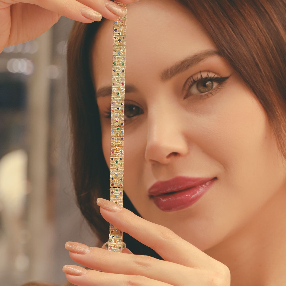 14 Ayar Altın Renkli Taşlı Dokulu Fantezi Bileklik