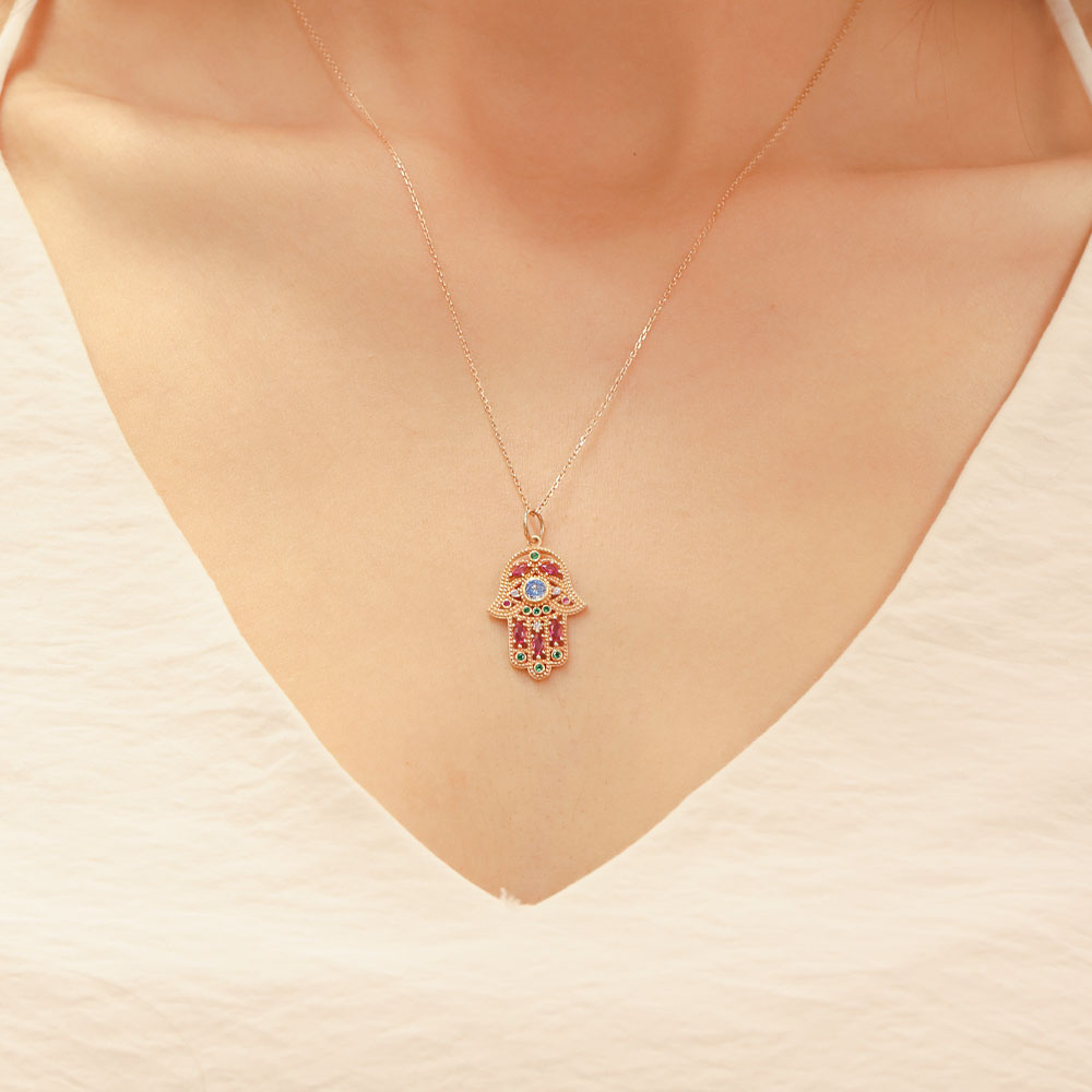 14 Ayar Altın Renkli Taşlı Fatma’nın Eli Kolye Ucu