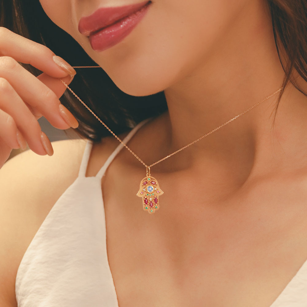 14 Ayar Altın Renkli Taşlı Fatma’nın Eli Kolye Ucu