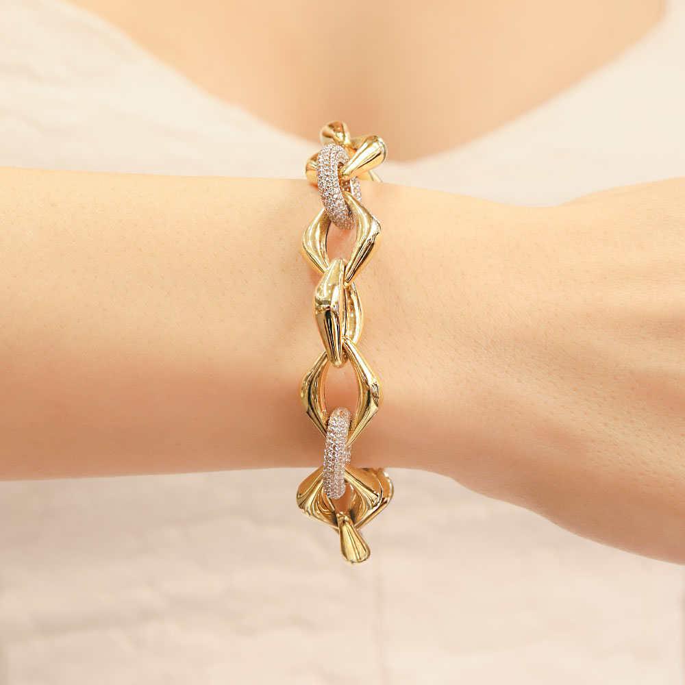 Fantezi Bileklik 14 Ayar Altın Renkli Taşlı Modern Zincir Bileklik