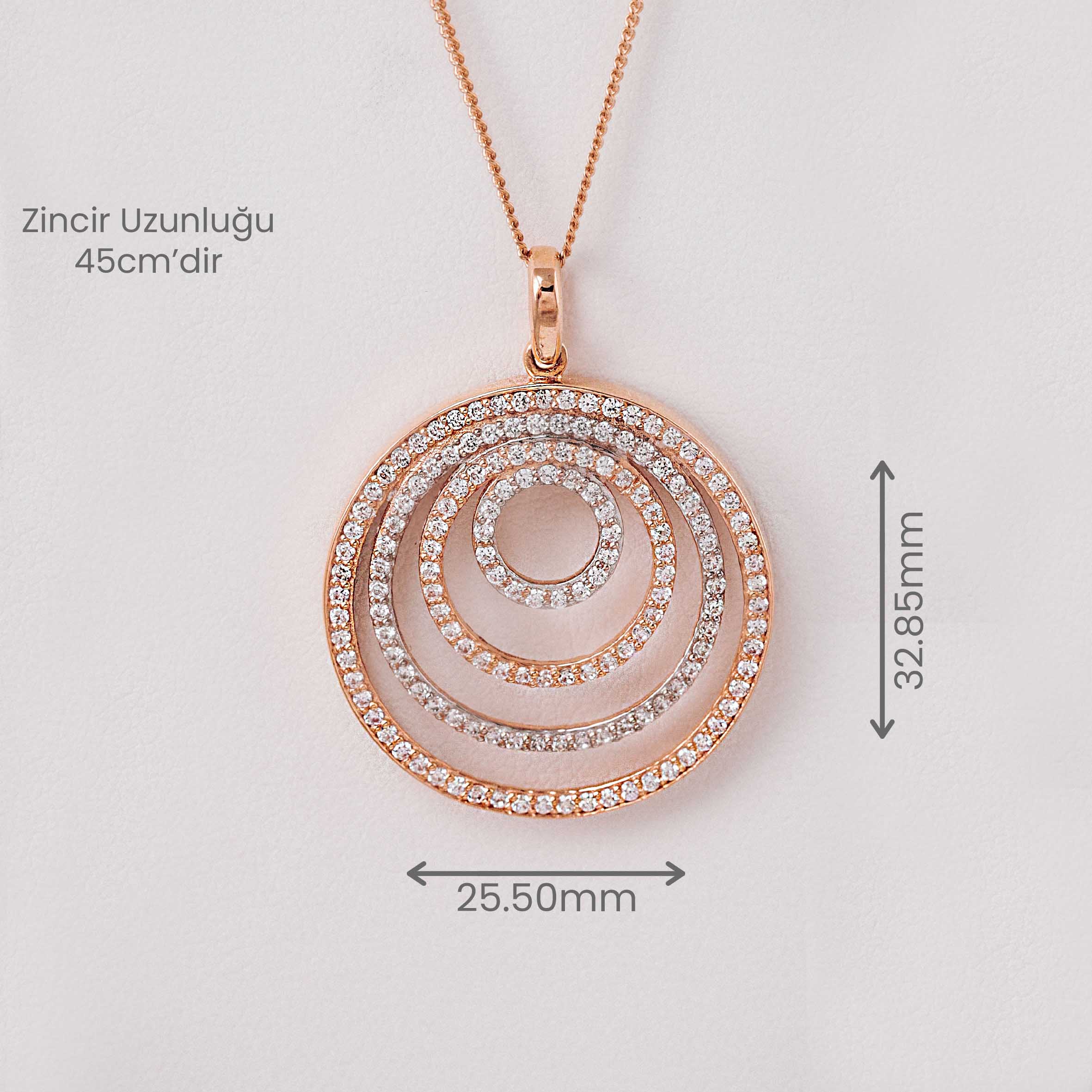 14 Ayar Altın Rose Zirkon Taşlı Daire Kolye