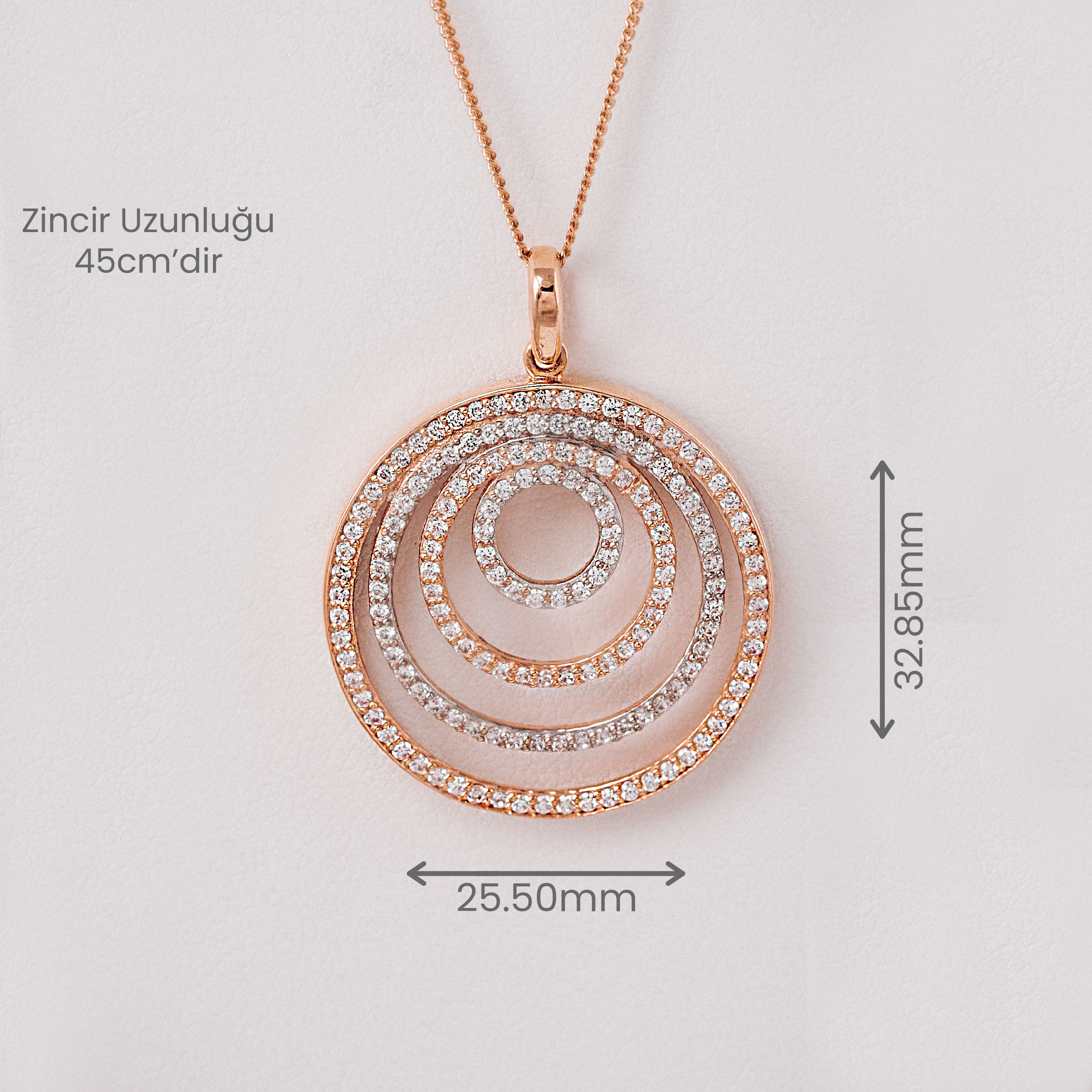 14 Ayar Altın Rose Zirkon Taşlı Daire Kolye
