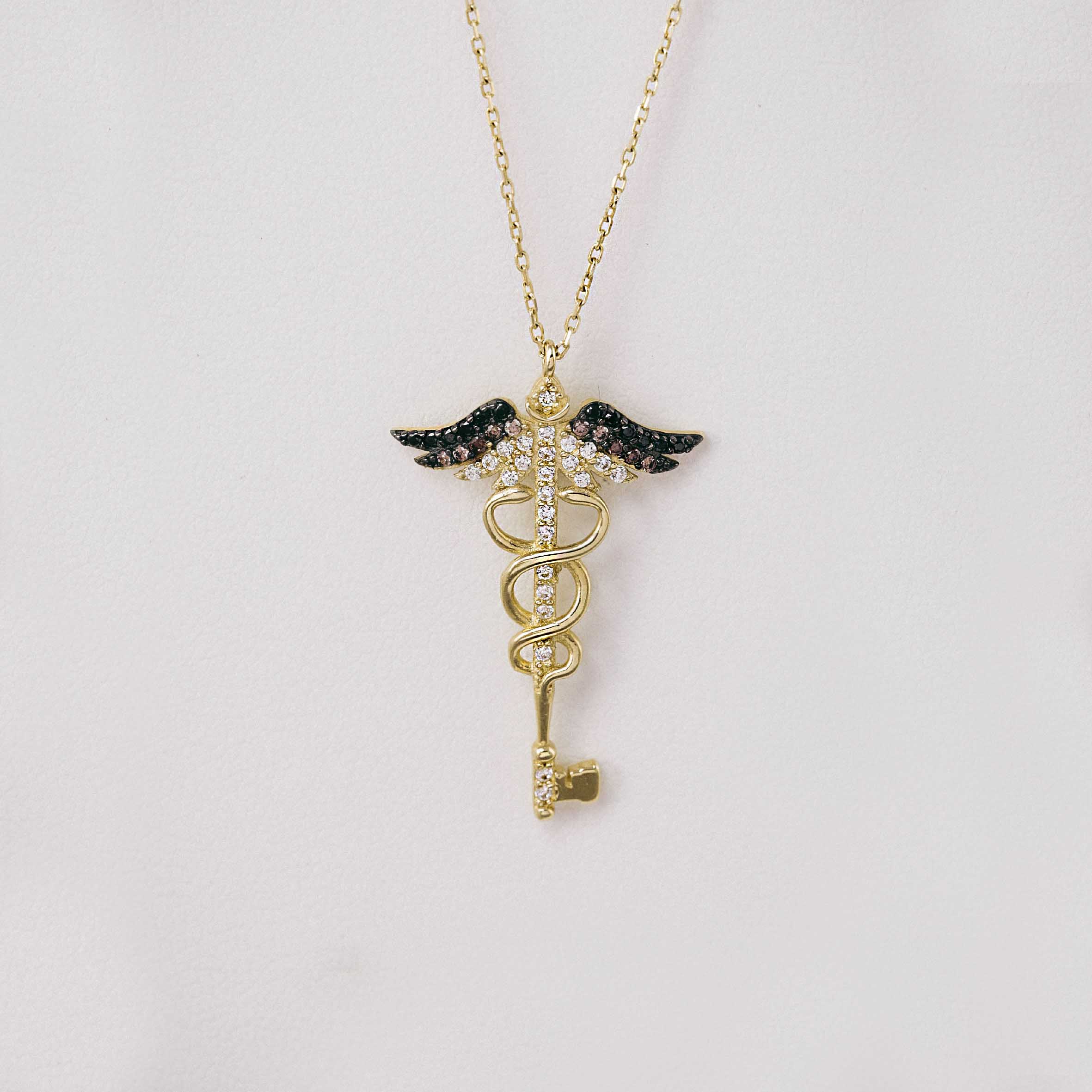 14 Ayar Altın Siyah Beyaz Taşlı Tıbbiyeli Anahtar Kolye