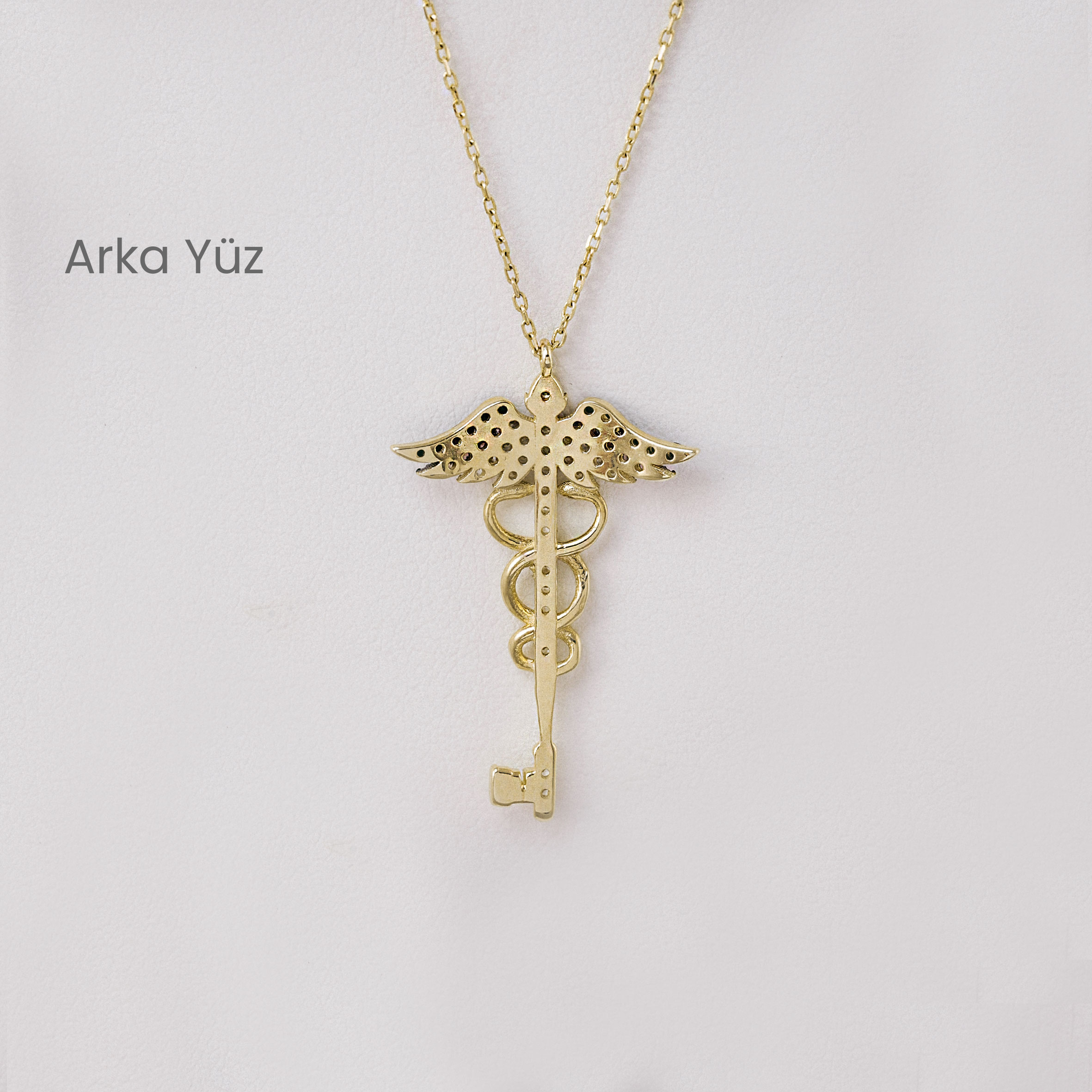 14 Ayar Altın Siyah Beyaz Taşlı Tıbbiyeli Anahtar Kolye