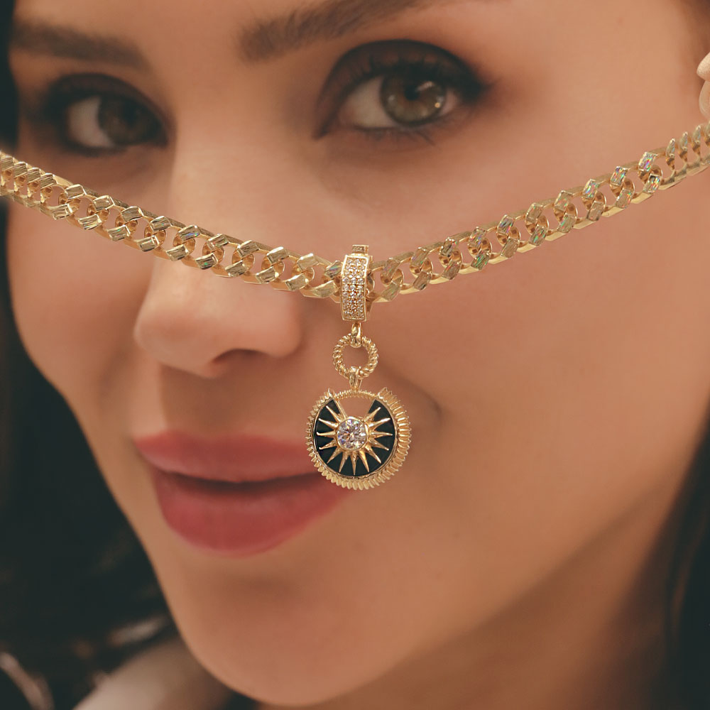 14 Ayar Altın Siyah Mineli Yuvarlak Yıldız Charm Kolye Ucu/Bileklik Charm