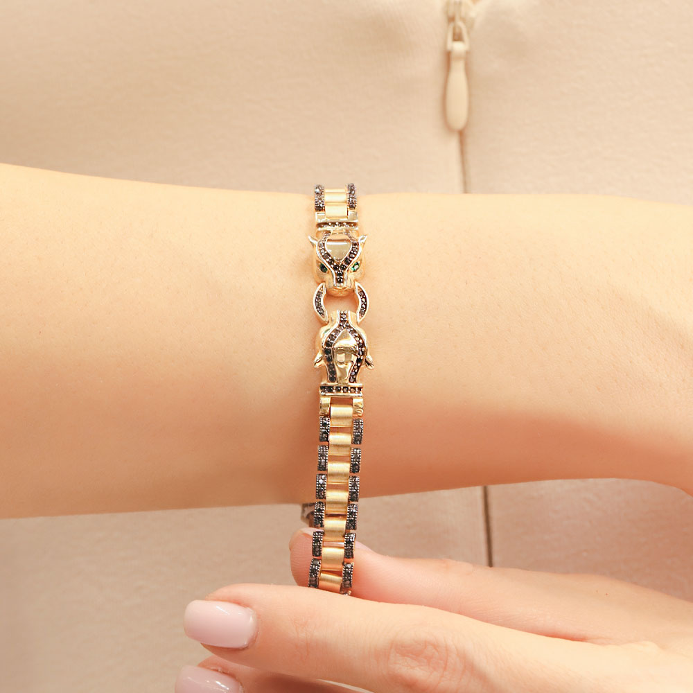 14 Ayar Altın Siyah Zirkon Panter Figürlü Bileklik