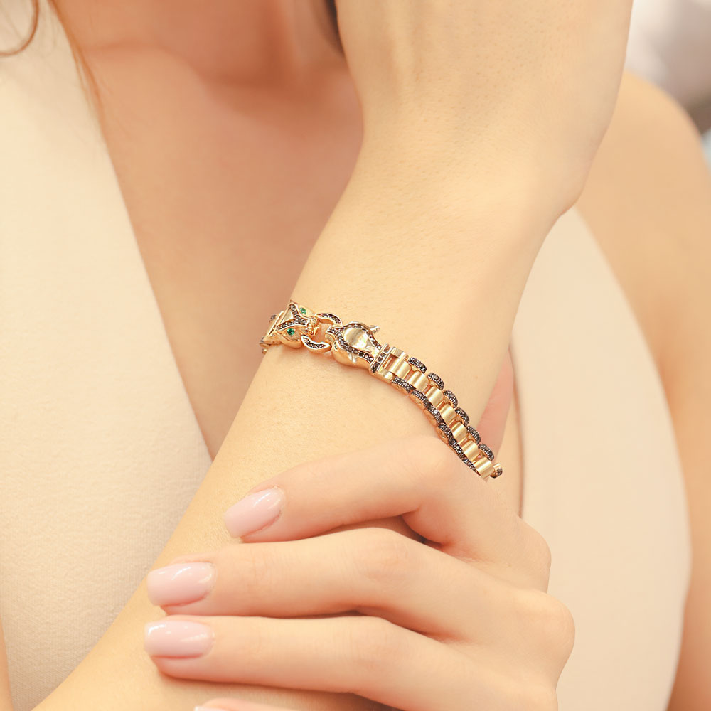 14 Ayar Altın Siyah Zirkon Panter Figürlü Bileklik