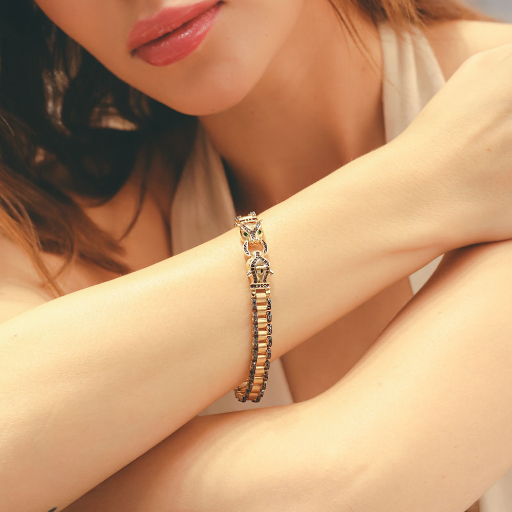 14 Ayar Altın Siyah Zirkon Panter Figürlü Bileklik