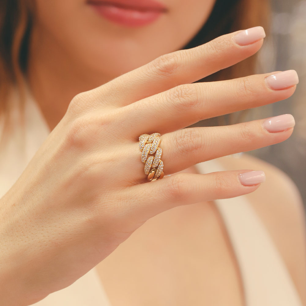 14 Ayar Altın Tam Taşlı Zincir Form Yüzük