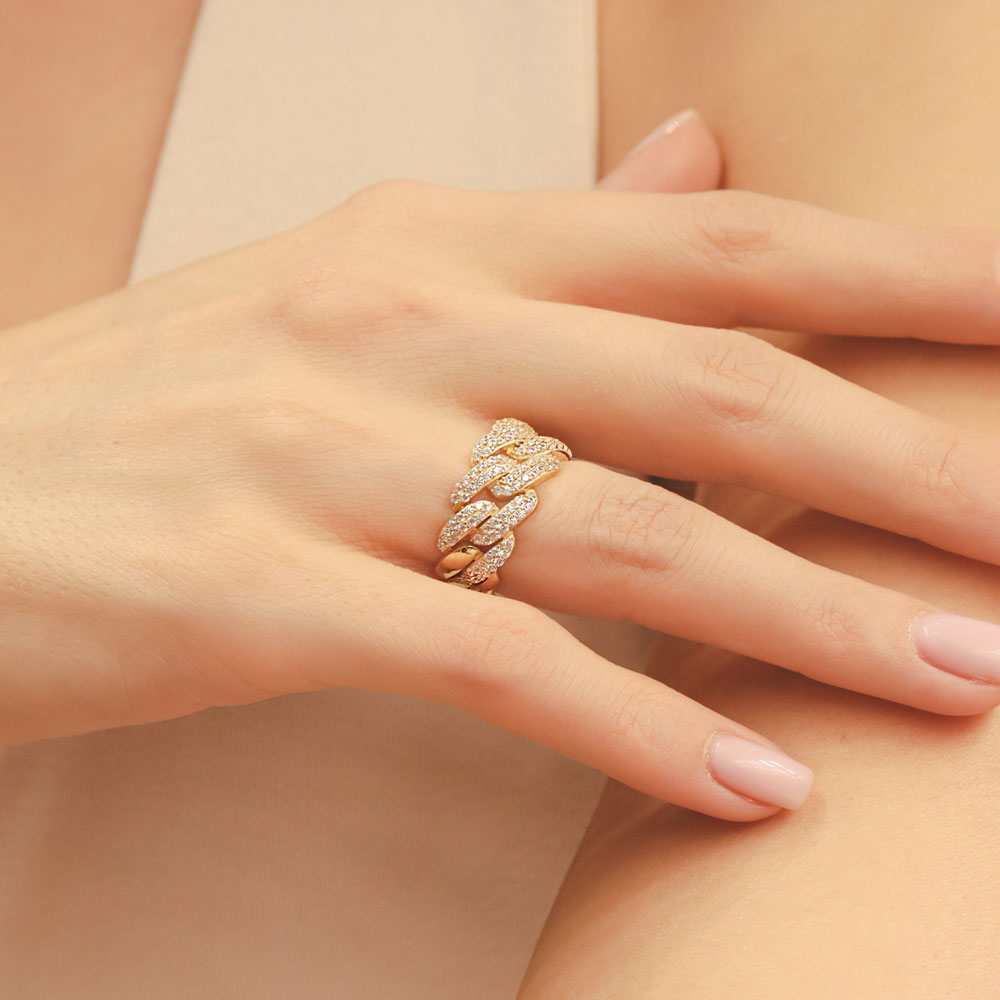 14 Ayar Altın Tam Taşlı Zincir Form Yüzük