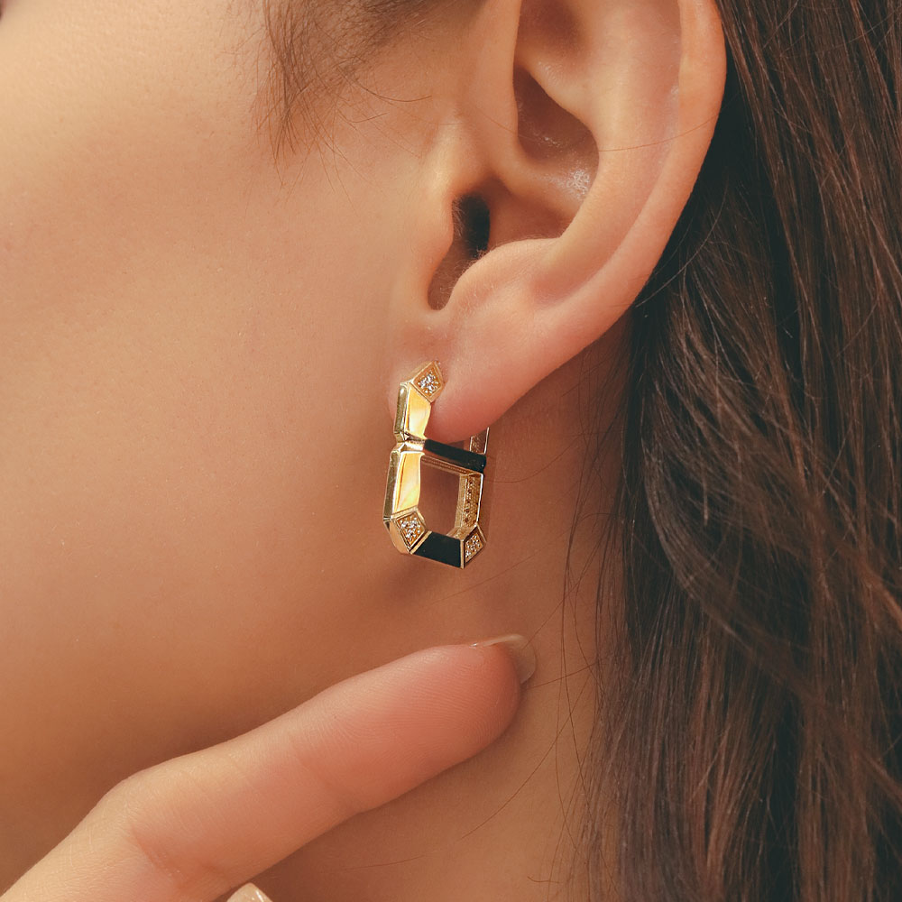 14 Ayar Altın Taş Detaylı Geometrik Küpe