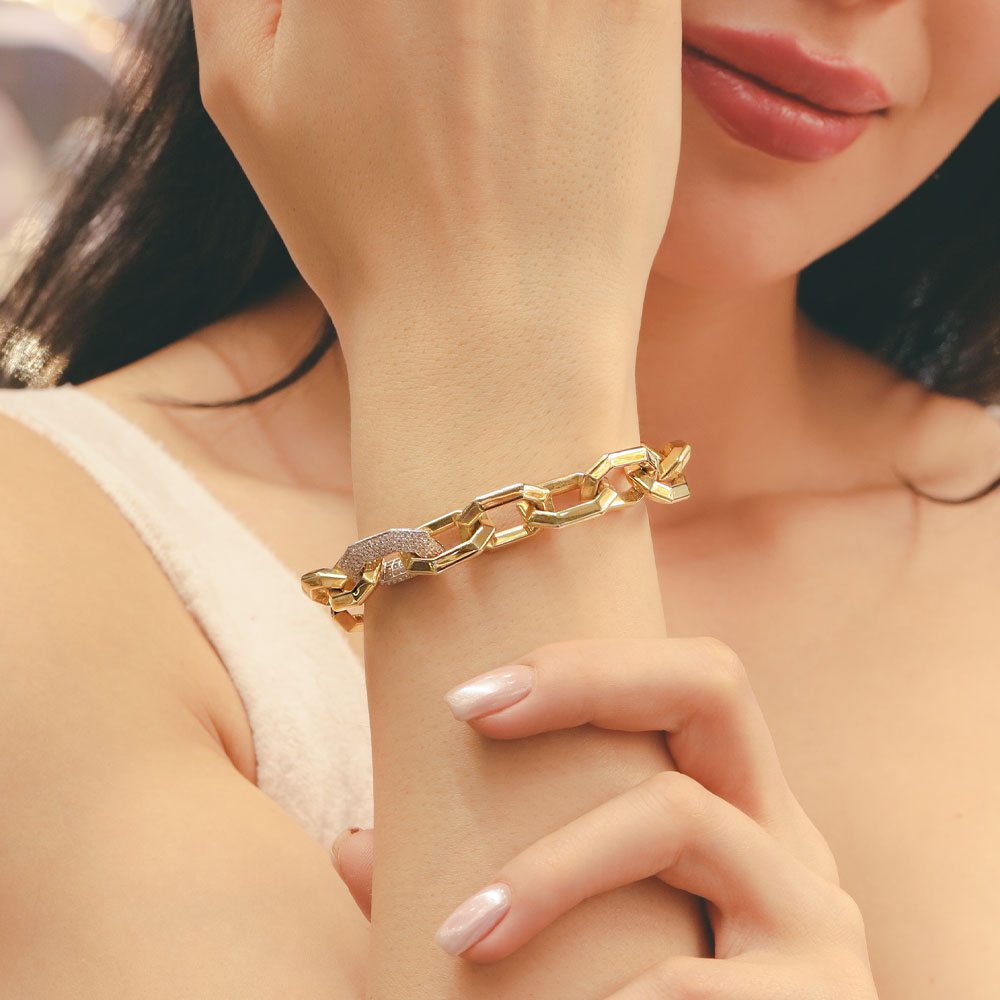 14 Ayar Altın Taş Detaylı Kalın Halkalı Zincir Bileklik