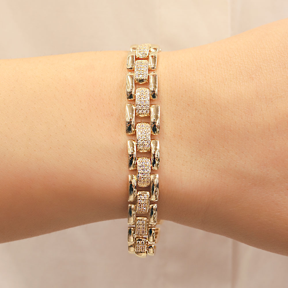 Özel Tasarım Bileklik 14 Ayar Altın Taş Detaylı Kalın Zincir Bileklik