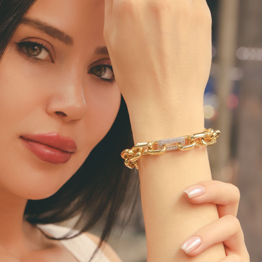 14 Ayar Altın Taş Detaylı Kalın Zincir Bileklik