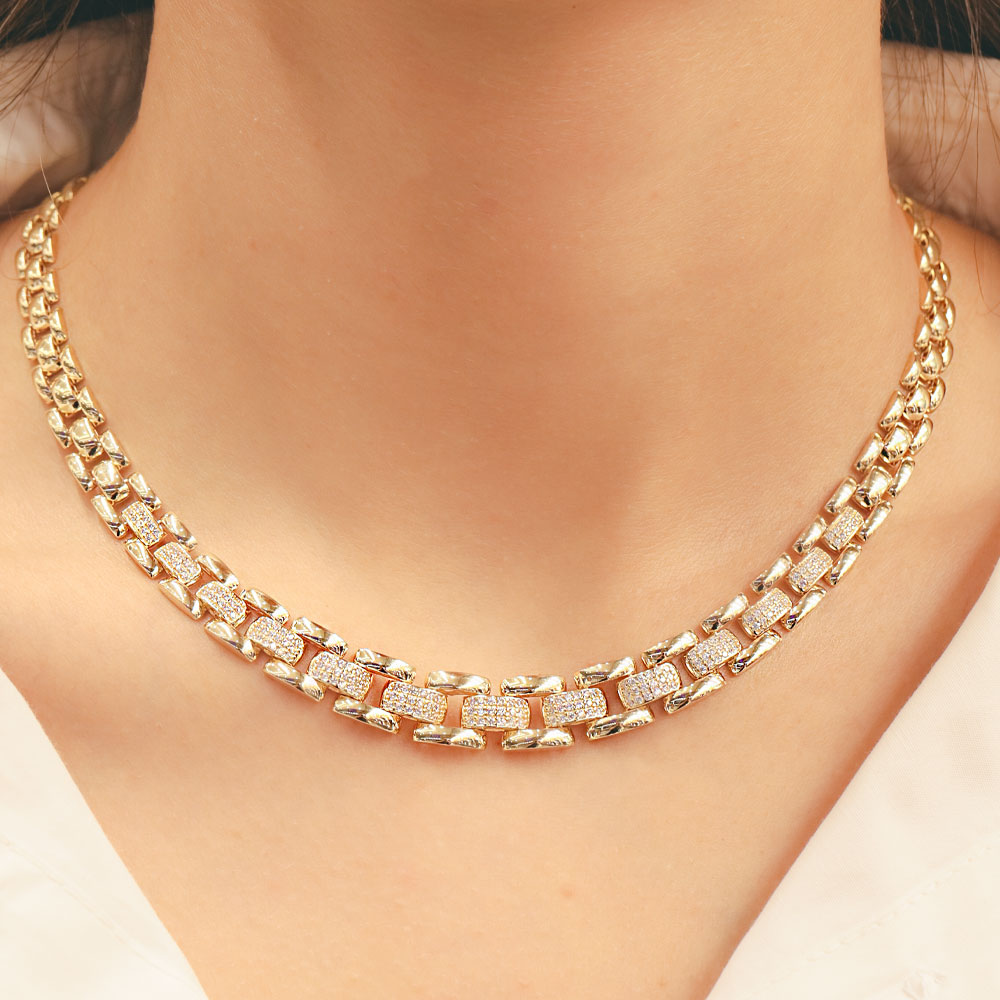 14 Ayar Altın Taş Detaylı Kalın Zincir Gerdanlık