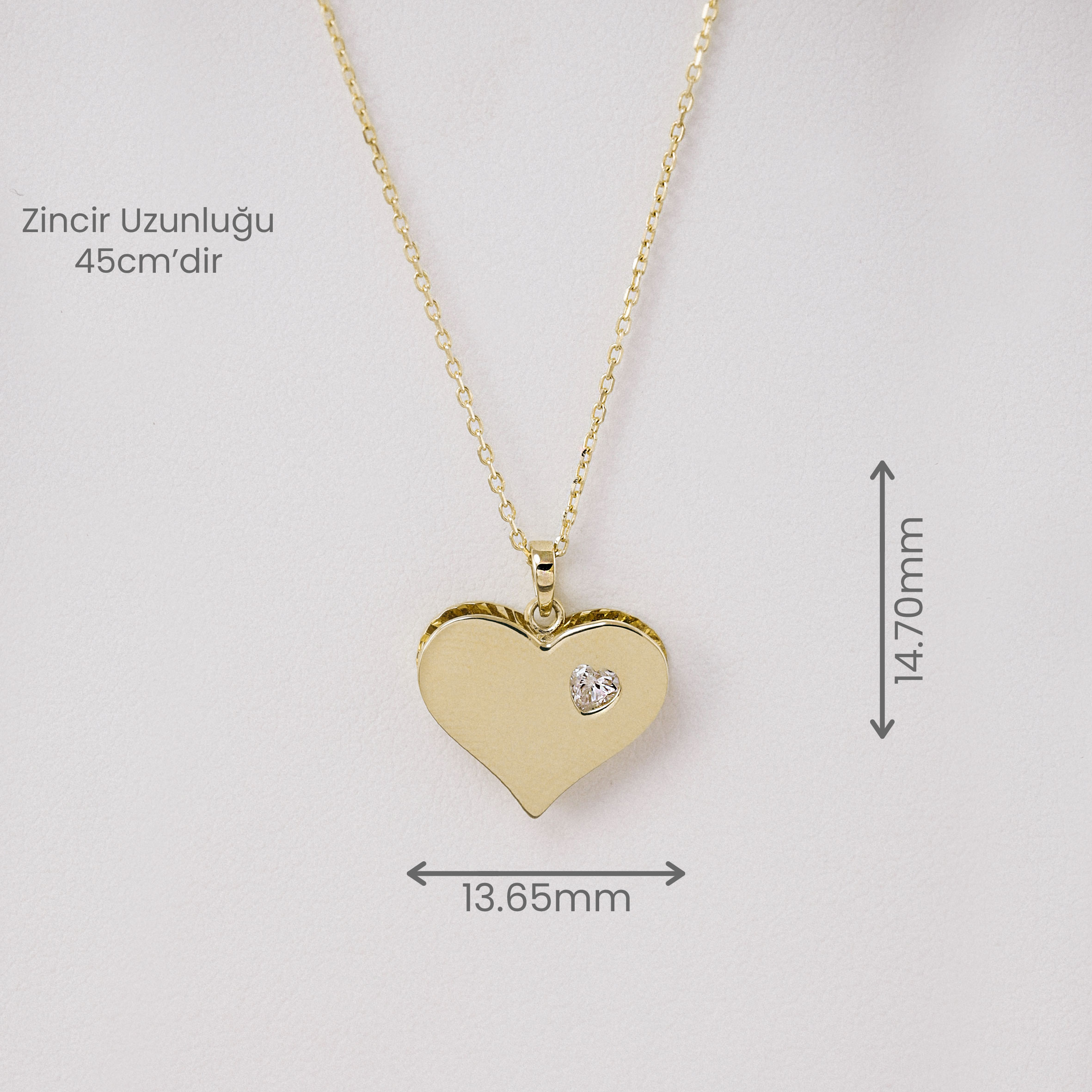 14 Ayar Altın Taş Detaylı Kalp Kolye