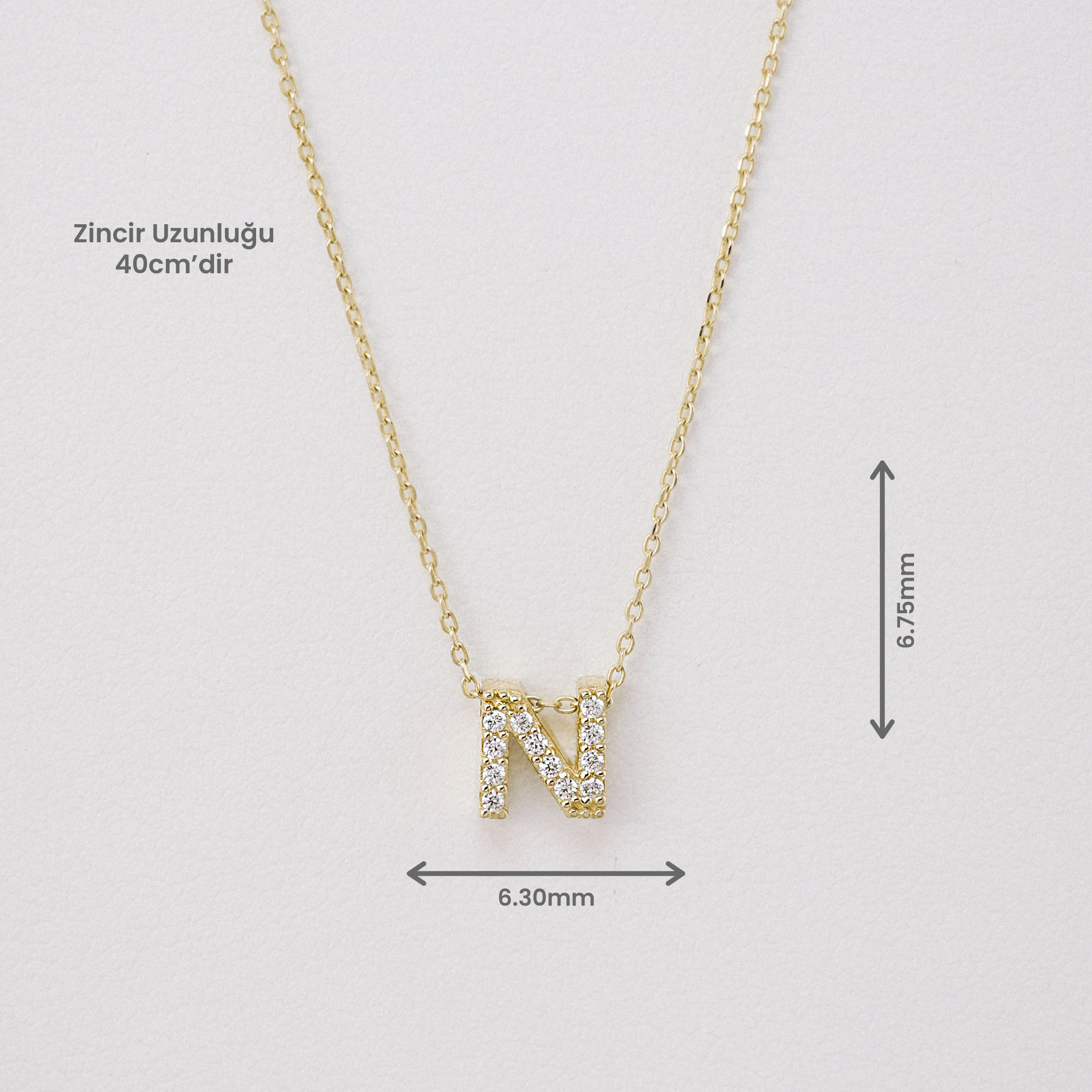 14 Ayar Altın Taş Detaylı N Harfi Kolye