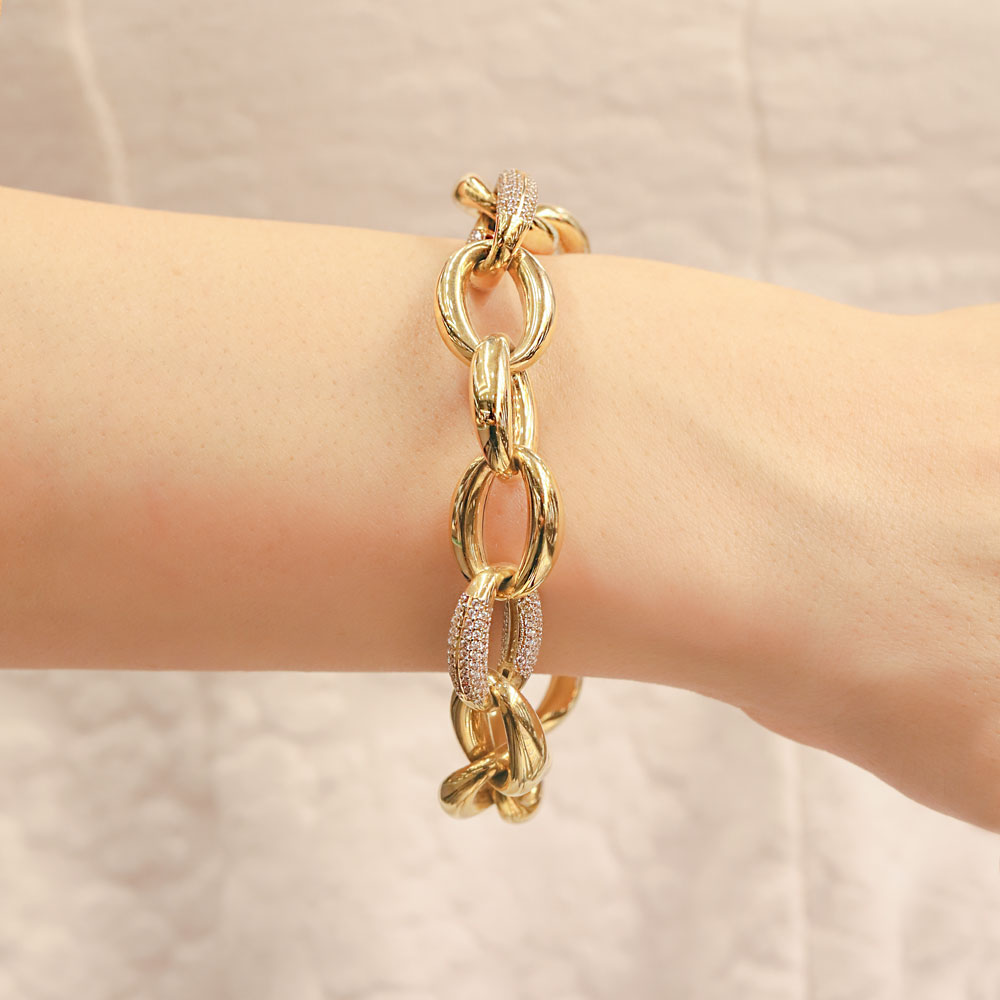 14 Ayar Altın Taş Detaylı Oval Halkalı Zincir Bileklik