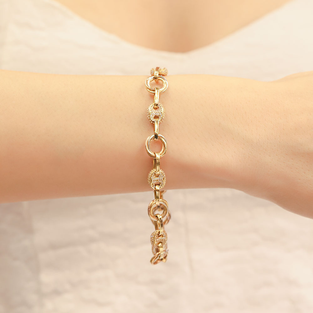 14 Ayar Altın Taş Detaylı Yuvarlak Halkalı Zincir Bileklik