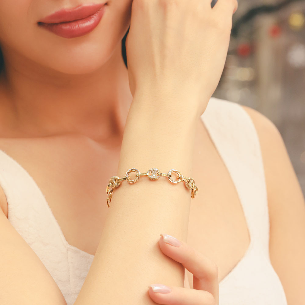 14 Ayar Altın Taş Detaylı Yuvarlak Halkalı Zincir Bileklik