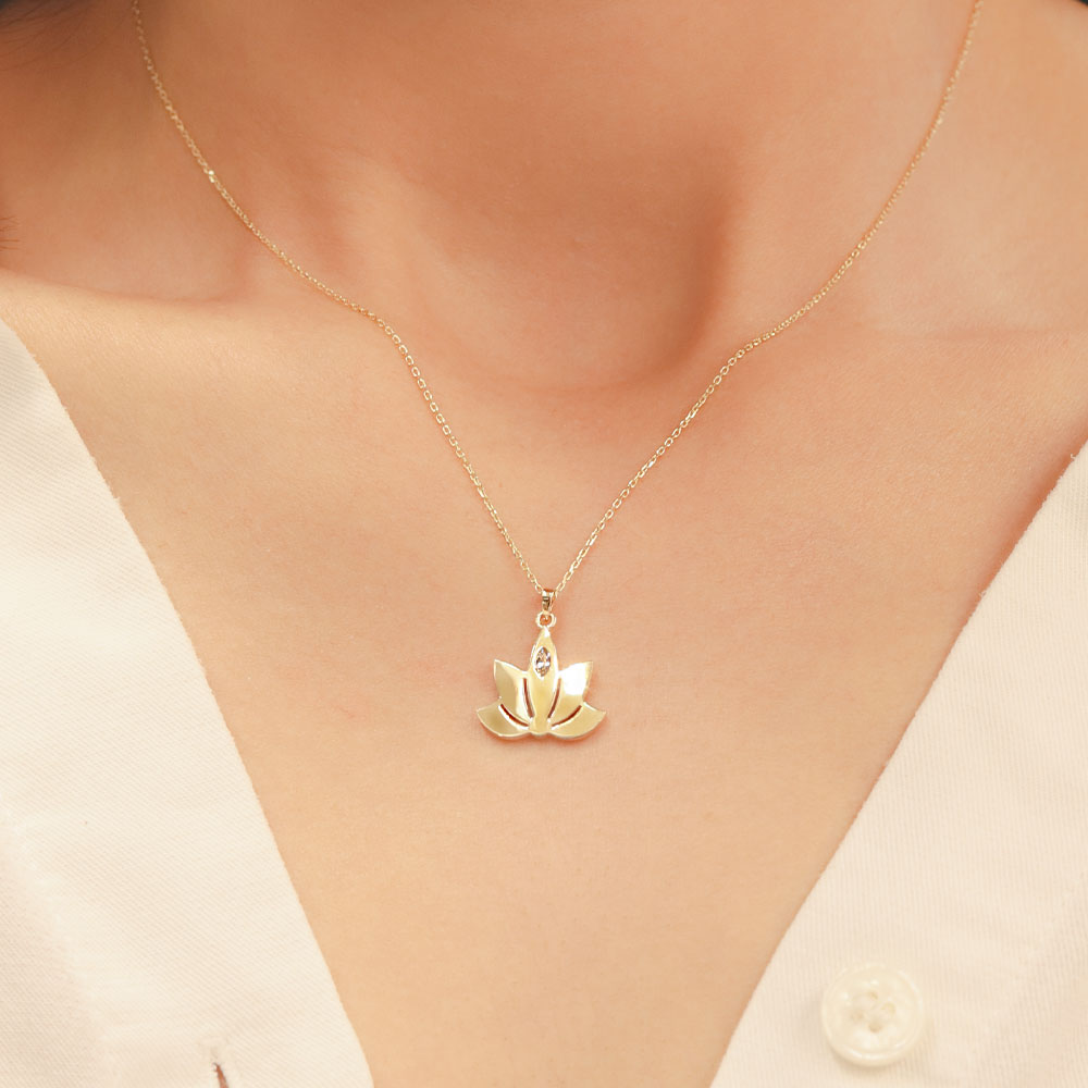 Figürlü Kolye 14 Ayar Altın Tasarım Lotus Çiçeği Kolye