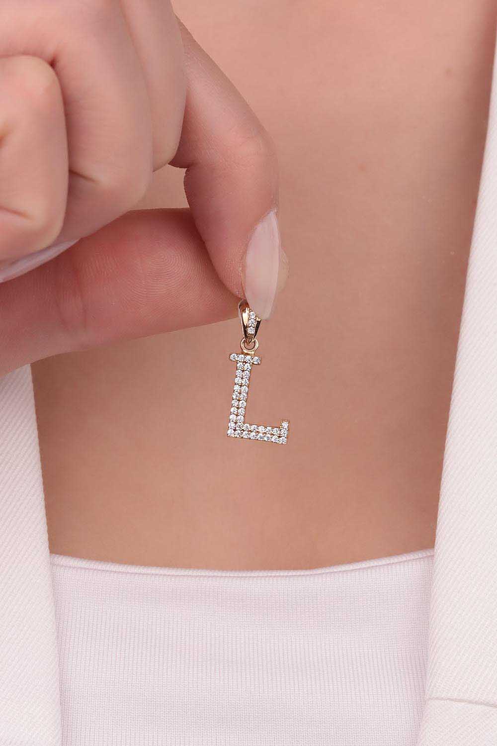 14 Ayar Altın Taşlı L Harfli Kolye 