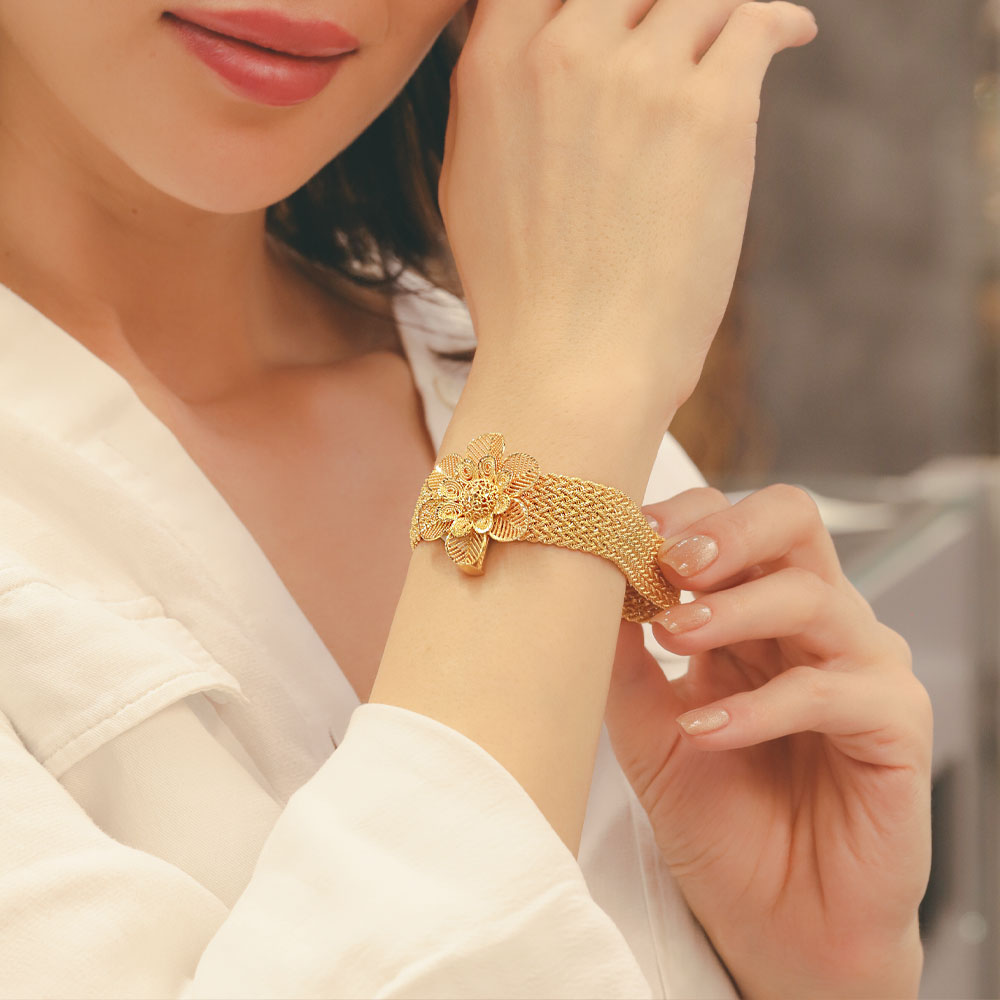 14 Ayar Altın Telkari Örgü Çiçek Formlu Bileklik