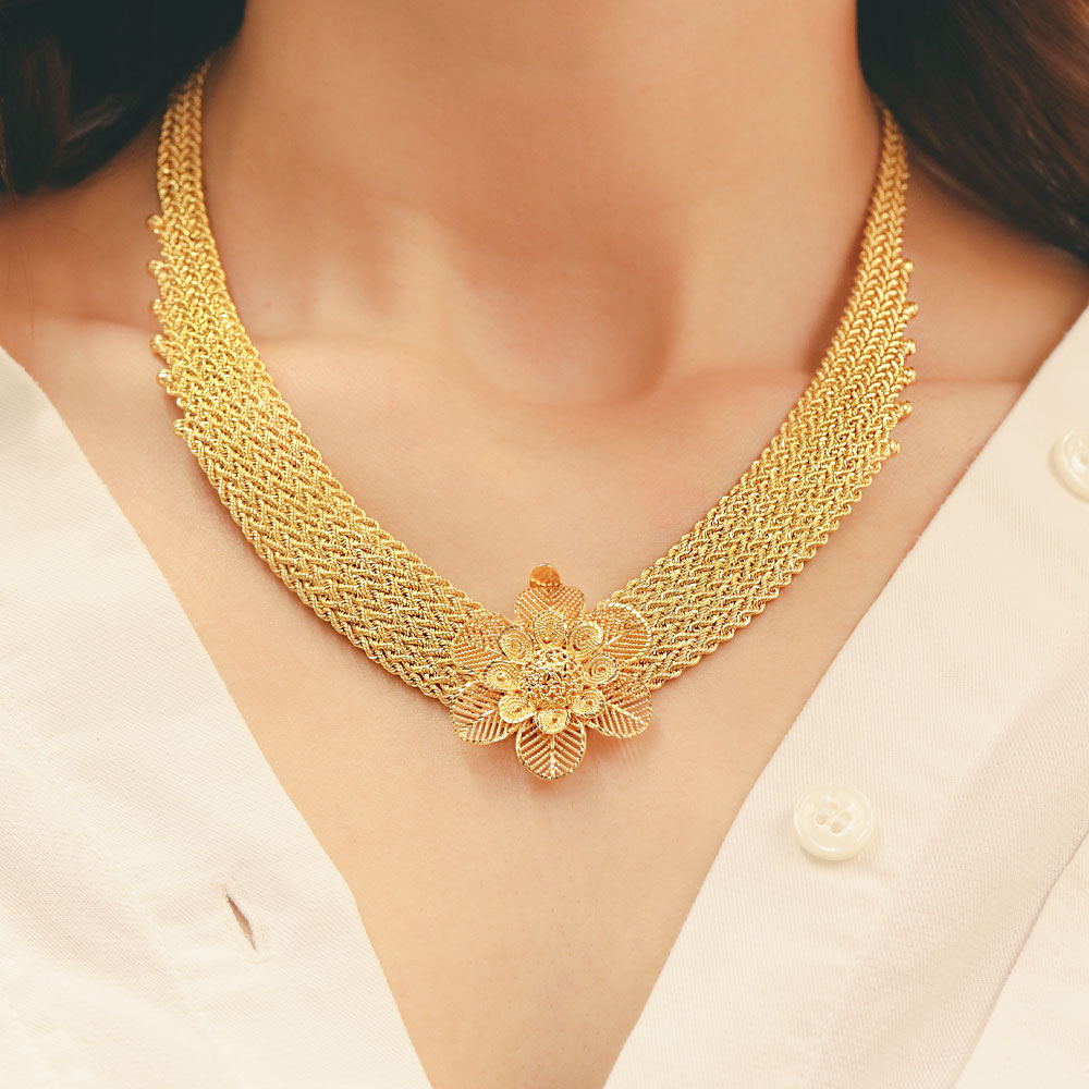 14 Ayar Altın Telkari Örgü Çiçek Formlu Gerdanlık