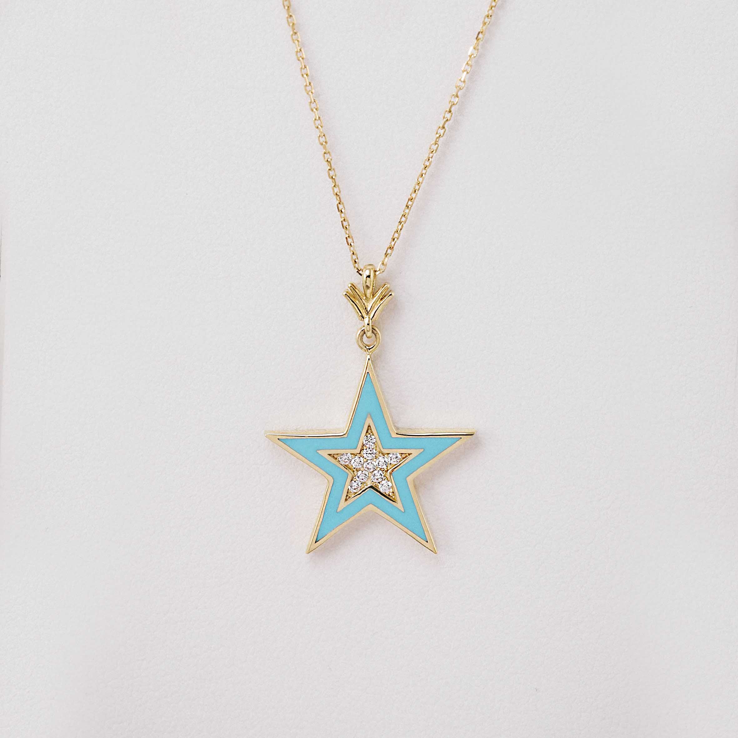14 Ayar Altın Turkuaz Mineli Zirkon Yıldız Kolye