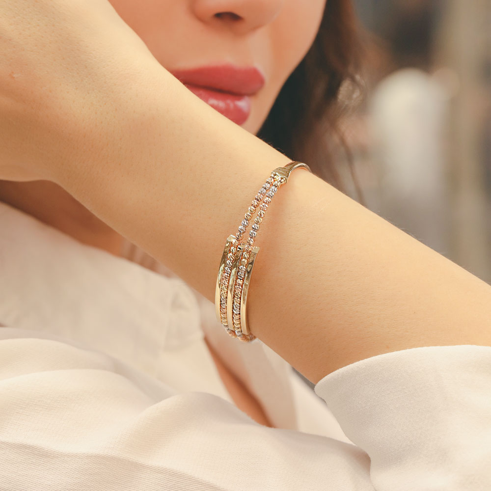 14 Ayar Altın Üç Renk Dorika Kaburga Kelepçe Bileklik