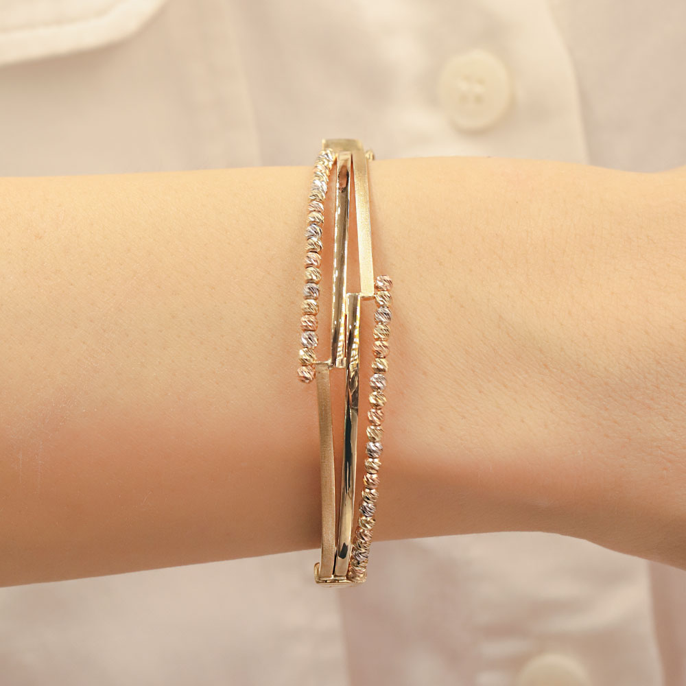 14 Ayar Altın Üç Renk Dorika ve Düz Şerit Kelepçe Bileklik