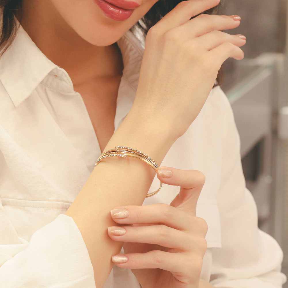 14 Ayar Altın Üç Renk Dorika ve Düz Şerit Kelepçe Bileklik