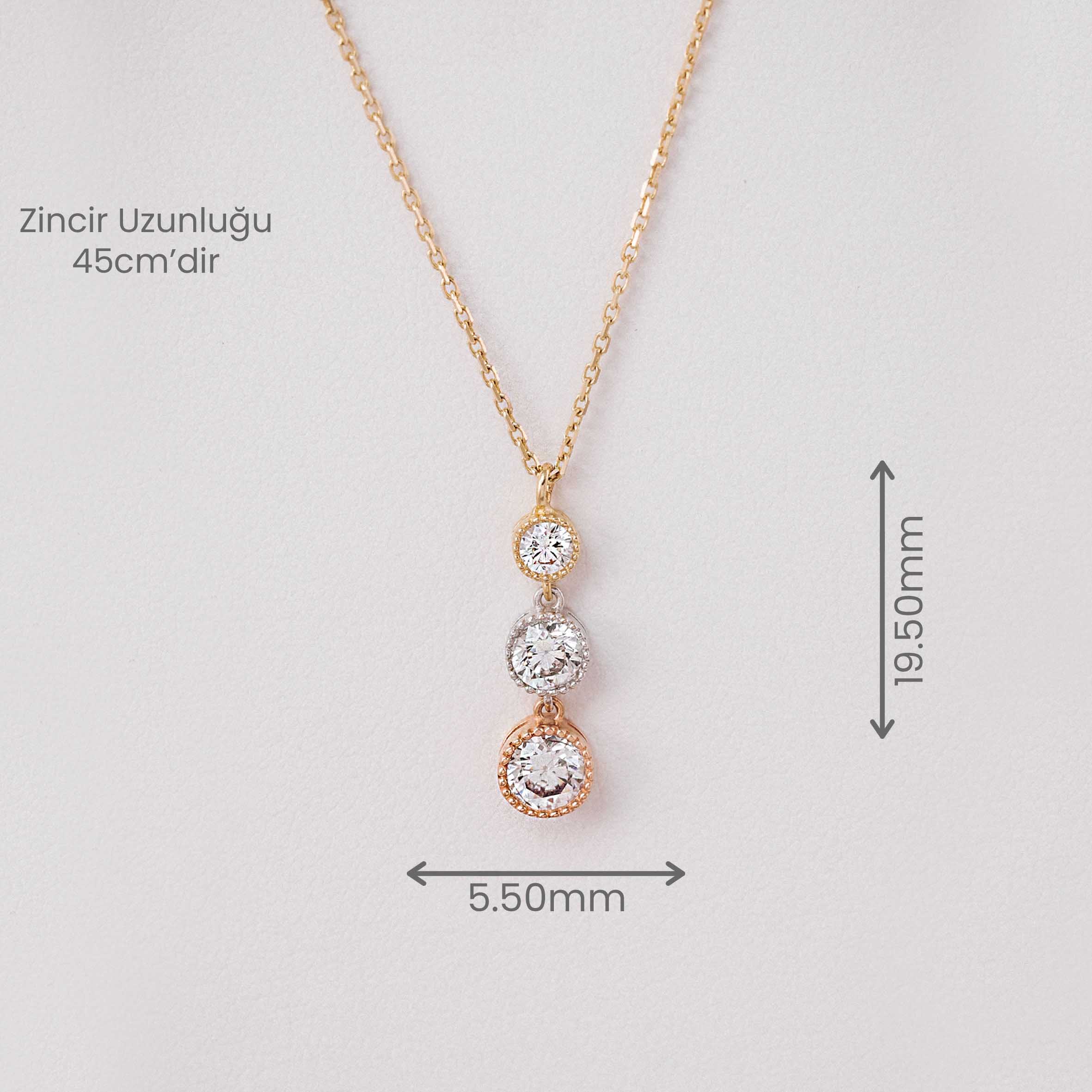 14 Ayar Altın Üç Taşlı Sıralı Kolye (Rose ve Beyaz Detaylı)