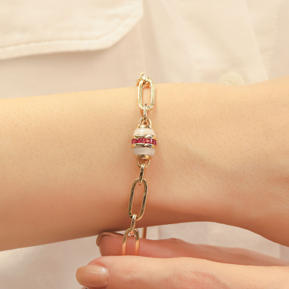 14 Ayar Altın Yakut Taşlı Mine Detaylı Zincir Bileklik